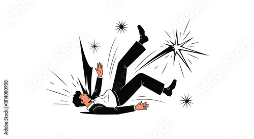 A businessman in a suit falls backward with a look of shock and alarm, surrounded by bursting star shapes and lines indicating impact or collapse.