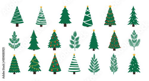Set of Christmas trees in different styles, from simple green to decorated with lights and ornaments, for holiday season graphics.