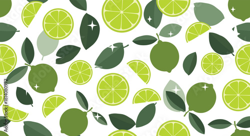 Refreshing seamless pattern featuring vibrant green limes, juicy lime slices, and fresh leaves scattered over a clean white background.