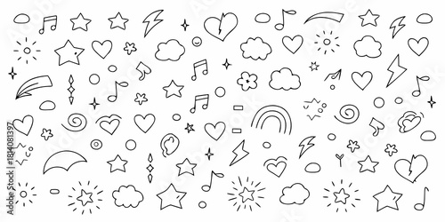 Whimsical hand drawn doodles of stars hearts clouds and music notes