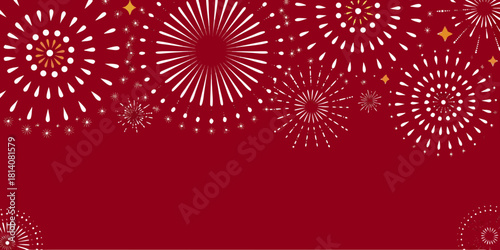 Festive red background with white and gold fireworks and stars