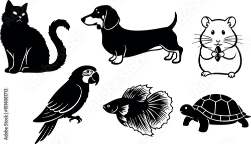 Black silhouette cat dachshund dog hamster parrot fish turtle vector illustration collection