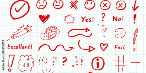 Hand drawn red symbols and icons on grid paper