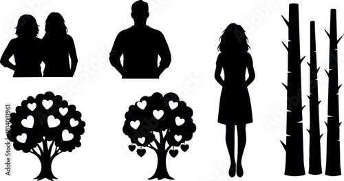 Silhouette people trees bamboo black vector illustration design isolated white background