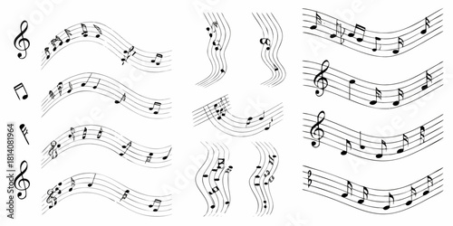 Collection of musical notes and staffs in various styles