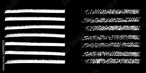 Set of white chalk brush strokes and textured lines on black background