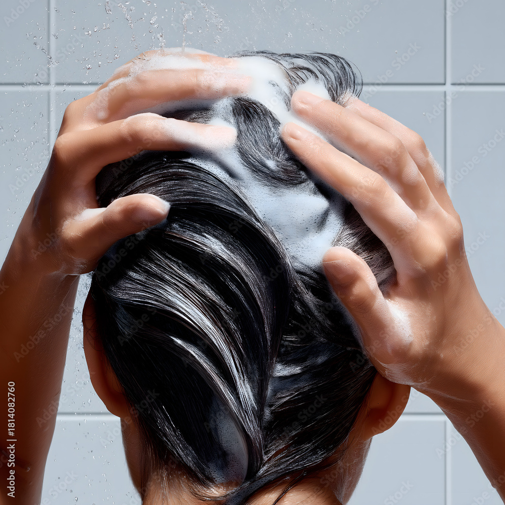 Naklejka premium Luxury hair care scene of massaging rich shampoo foam into dark, wet hair.