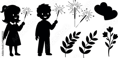 Children playing with sparklers girl and boy holding fireworks vector illustration silhouette black