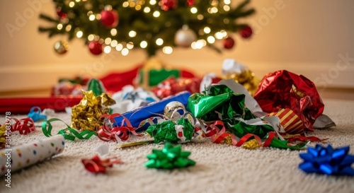 Colorful torn gift wrapping scattered under tree