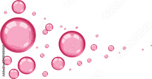Realistic Pink Water Bubbles Floating Background Vector Illustration with Shiny Glossy Reflection for Skincare, Cosmetics, Soda, or Sweet Liquid Designs.