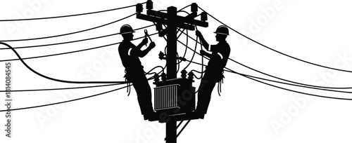 Two utility workers on power pole, electrical line repair with transformer and insulators, safety gear silhouette vector illustration, black and white infrastructure artwork