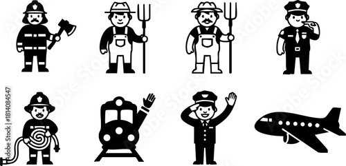 Firefighter farmer train conductor airplane black silhouette icons vector illustration