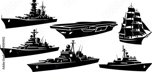 Vintage navy battleships warship aircraft carrier and old sailing ship vector illustration black silhouettes