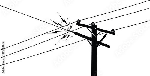 Utility pole silhouette, electrical spark fault, power lines short circuit, dangerous infrastructure, electricity hazard, energy distribution system, safety warning, vector illustration