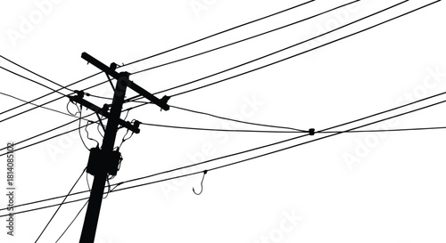 Utility pole silhouette, transformer with insulators, power lines network, electrical infrastructure