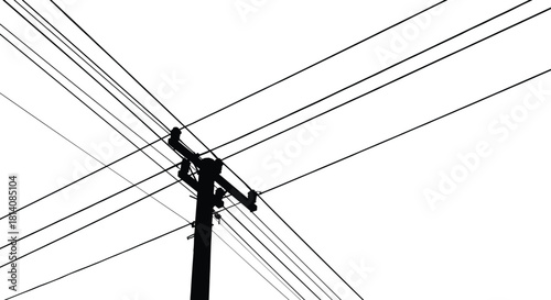 Utility pole silhouette, electrical power lines, crossarms with insulators, energy distribution system, electricity supply network, infrastructure design, geometric composition, vector illustration