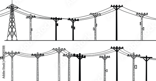 Utility poles and transmission towers collection, electrical power distribution infrastructure, 