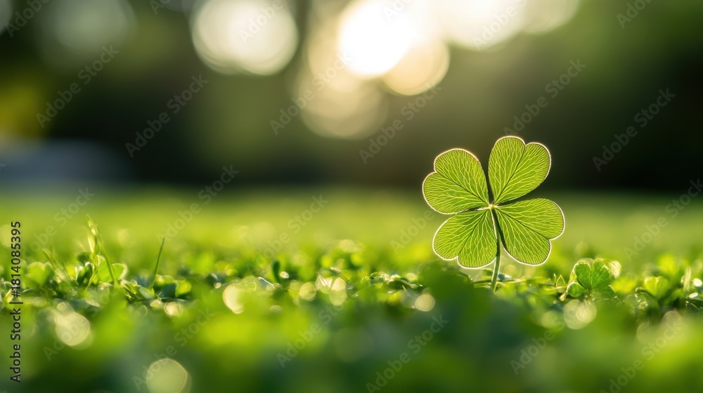 Obraz premium A bright green four leaf clover stands tall in lush green grass under soft sunlight.