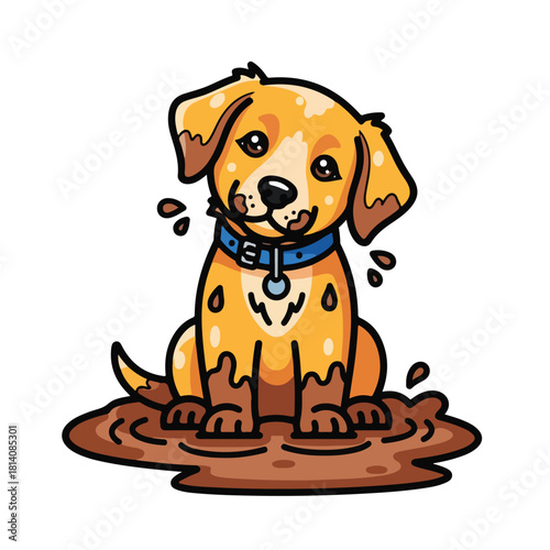 Cute puppy playing in mud puddle adorable dog covered in dirt.