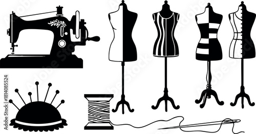 Vintage sewing machine and tailor dress forms with pin cushion and spool vector illustration