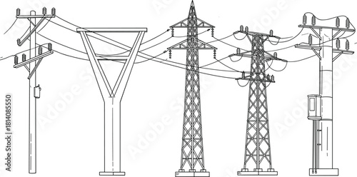 Utility poles and transmission towers silhouettes, vector illustration of electricity distribution and high voltage infrastructure, diverse structural designs, energy grid system elements