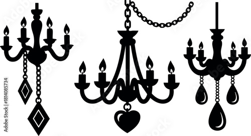 Vintage style black chandelier vector illustration with candle flames and hanging ornaments design