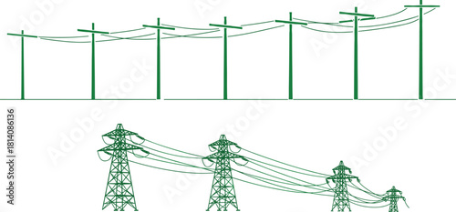 Utility poles and transmission towers silhouettes, vector illustration of electricity distribution and high voltage infrastructure, urban and industrial energy grid design elements