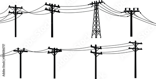 Utility poles and transmission towers silhouettes, vector illustration of electricity distribution
