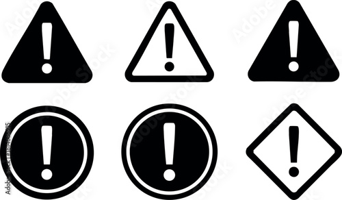Warning exclamation mark icons set vector illustration black and white simple design