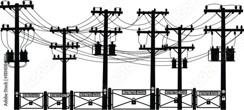 Utility poles silhouette vector illustration, electrical transformers with restricted 
