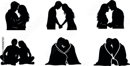 Silhouettes of romantic couple in different poses vector illustration with heart and love theme