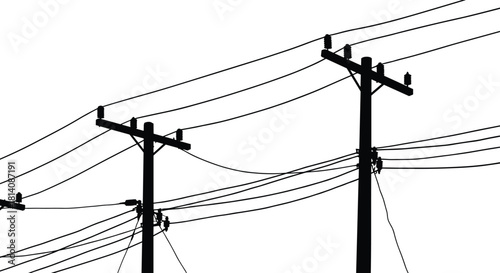 Utility poles silhouette, electrical power lines crisscross network, crossarms with insulators, energy distribution system, electricity supply infrastructure, complex grid design, vector illustration