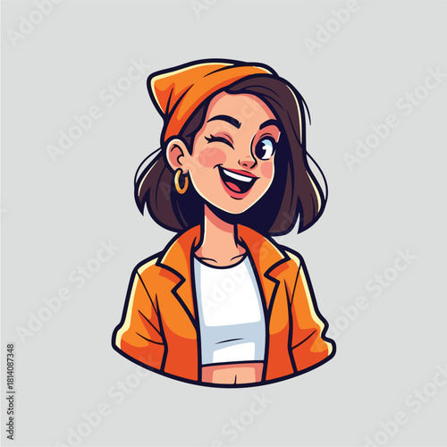 Smiling young woman winking in a beanie and jacket.