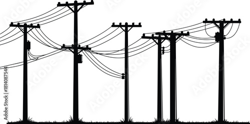 Utility poles silhouette, electrical power lines, transformers attached, energy distribution system, electricity supply network, rural roadside infrastructure, communication grid, vector illustration