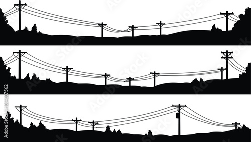 Utility poles silhouette, rural landscape with power lines, rolling hills and trees, electricity distribution system, infrastructure design, communication grid, vector illustration