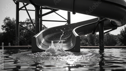 Water slide splashes into pool, creating ripples and droplets in serene setting. scene captures joy of summer fun and adventure