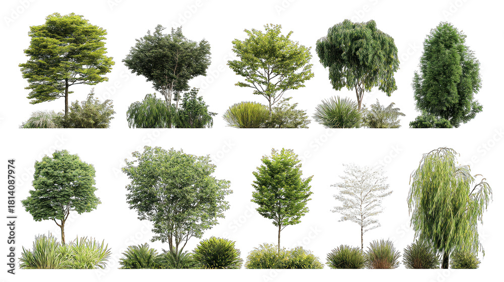 Naklejka premium A collection of diverse trees showcasing various shapes, sizes, and foliage, illustrating the beauty of nature's greenery.