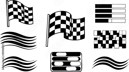 Checkered racing flags and waving stripes set in black and white vector illustration for competition and finish line design
