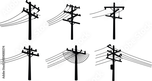 Utility poles silhouettes with crossarms and power lines, vector illustration of electricity distribution infrastructure, structural variations, urban energy grid design elements