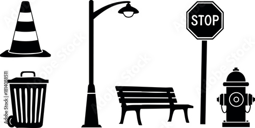 Urban street elements including traffic cone trash bin street lamp bench stop sign and fire hydrant vector illustration