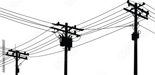 Utility poles silhouettes with transformer, vector illustration of electricity distribution infrastructure, crossarms and insulators design, overhead power lines, urban and rural energy grid system