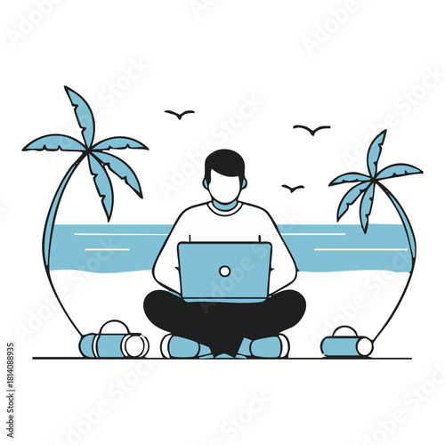 Remote worker with laptop on tropical beach, digital nomad life