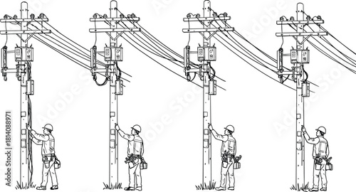Utility poles with technicians silhouettes, electrical maintenance vector illustration, transformers 