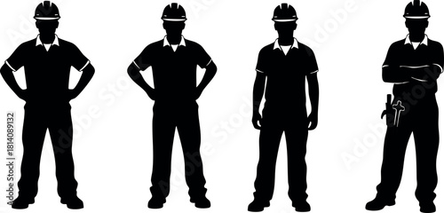 Silhouette construction worker standing posture set four different poses vector illustration