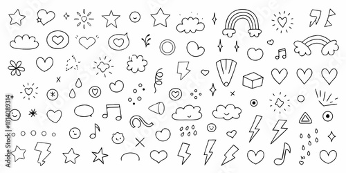 Collection of hand drawn doodle elements stars hearts clouds rainbows and lightning bolts