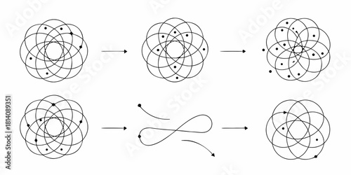 Abstract geometric patterns showing transformation and movement of dots