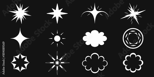Collection of white geometric shapes and stars on black background