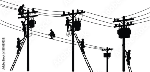 Utility workers maintaining electrical power lines on poles, black and white vector illustration 