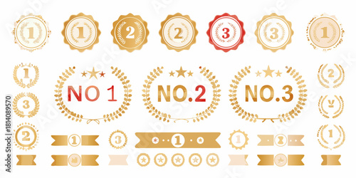 Collection of golden laurel wreath badges and ribbons for ranking and awards