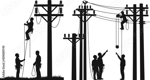 Utility workers repairing power lines, teamwork on electrical poles with insulators, energy distribution maintenance vector illustration, black and white line art infrastructure design